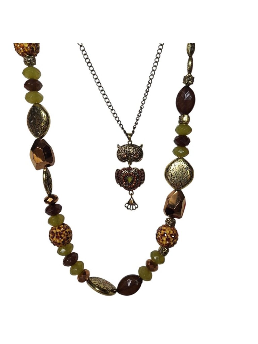 Off Park Collection Double Strand Necklace Owl Pendant Beaded Bronze Green Boho